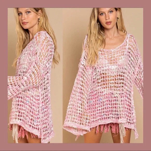 POL Pink Cream Fishnet Sweater Loose Knit Fishnet Tunic Sweater - Picture 4 of 14